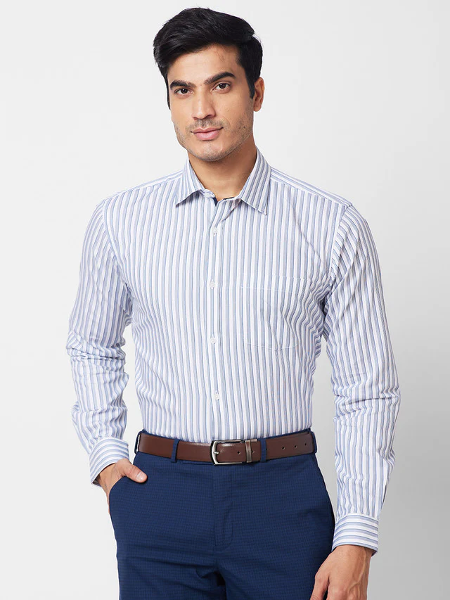 Park Avenue Men Blue Striped Slim Fit Full Sleeve Semi Cut Away Collar Shirt