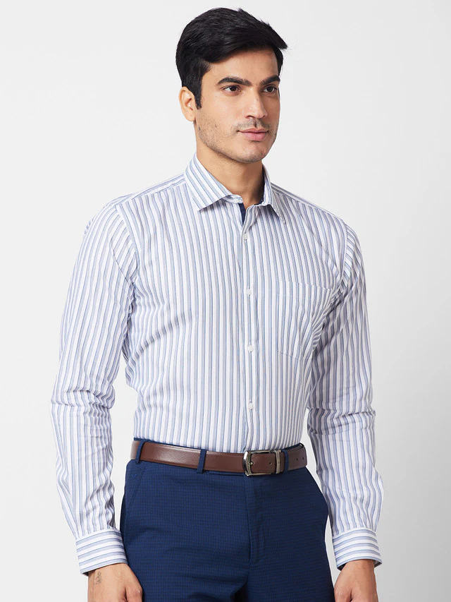 Park Avenue Men Blue Striped Slim Fit Full Sleeve Semi Cut Away Collar Shirt - Image 2