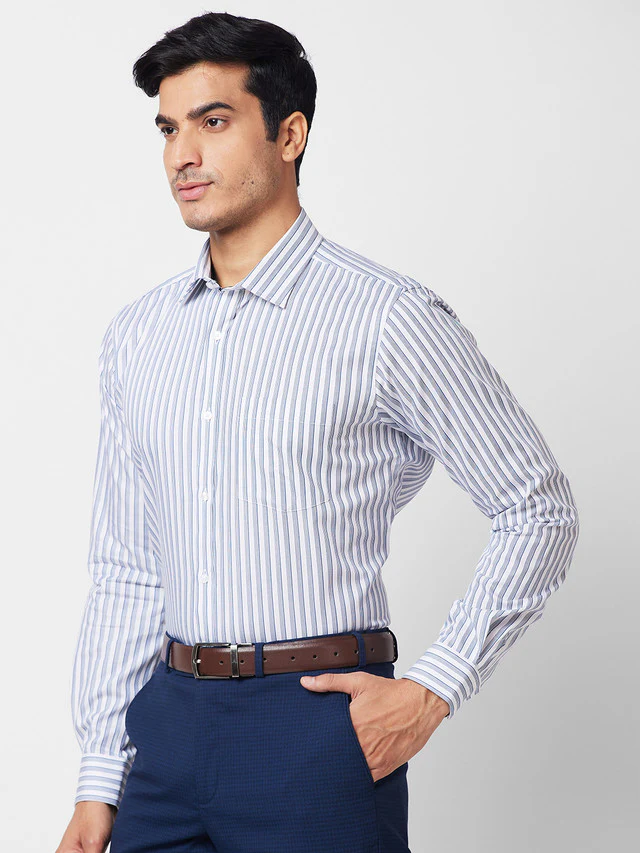 Park Avenue Men Blue Striped Slim Fit Full Sleeve Semi Cut Away Collar Shirt - Image 3