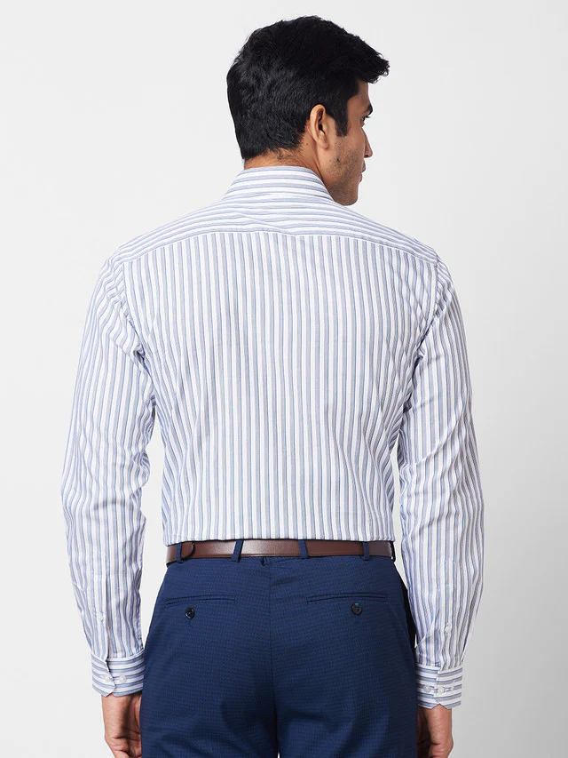 Park Avenue Men Blue Striped Slim Fit Full Sleeve Semi Cut Away Collar Shirt - Image 4