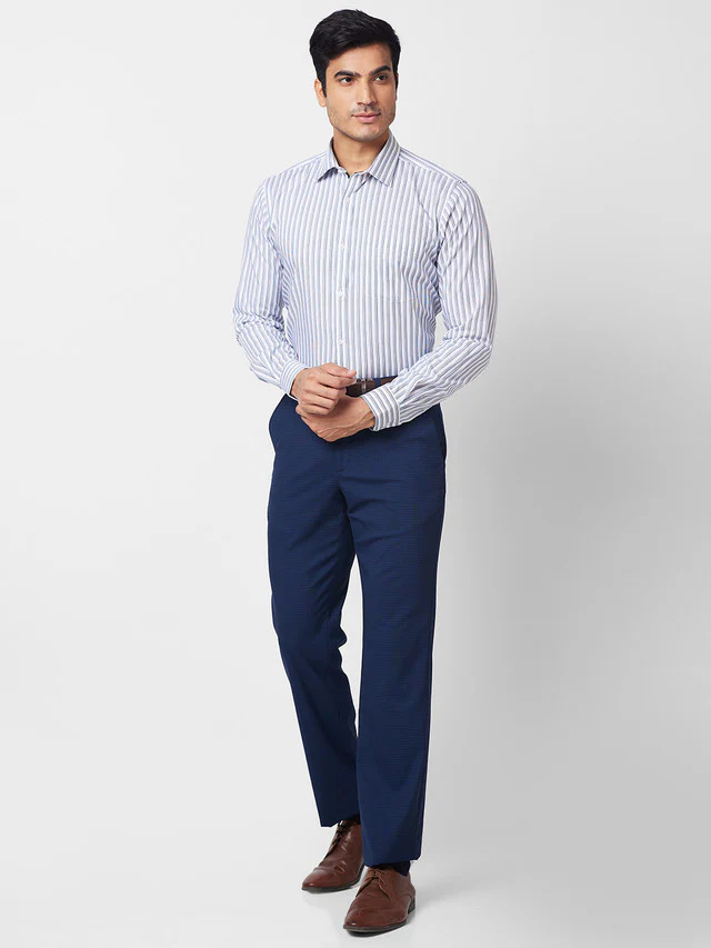 Park Avenue Men Blue Striped Slim Fit Full Sleeve Semi Cut Away Collar Shirt - Image 5