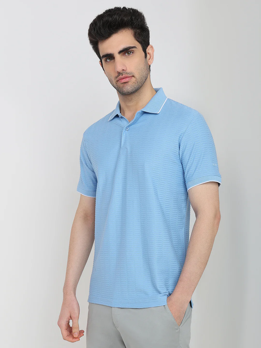 Park Avenue Men Blue Structure Slim Fit Cotton Blend T-shirt - Image 2