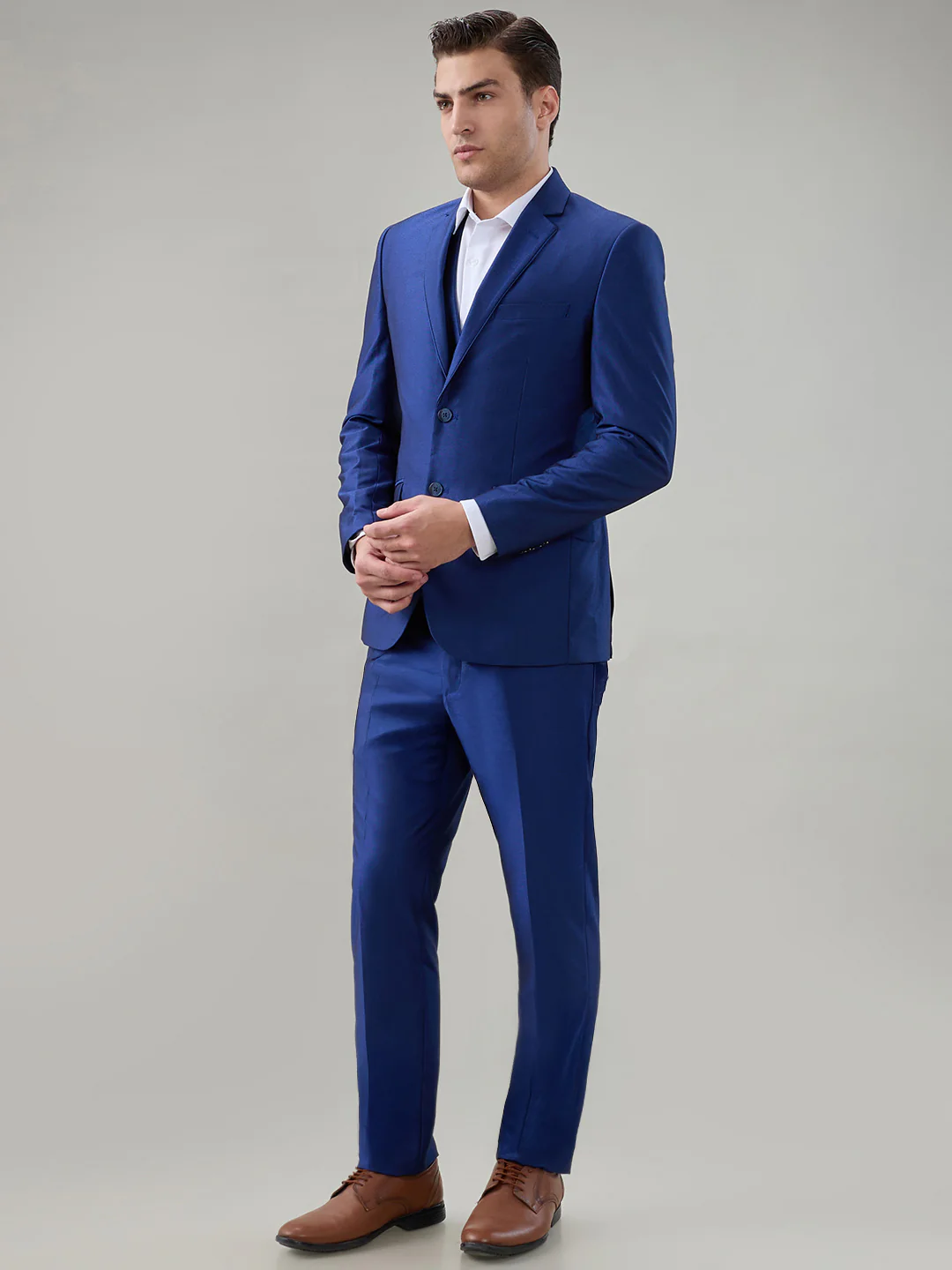 Park Avenue Men Blue Structure Super Slim Fit Terry Blend Suit - Image 3