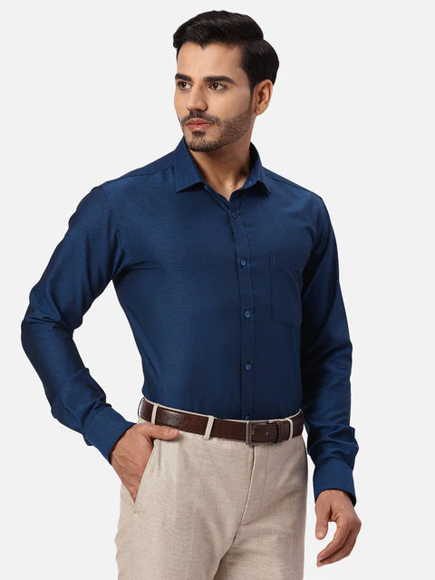 Park Avenue Men Blue Structured Slim Fit Cotton Formal Shirts - Image 2