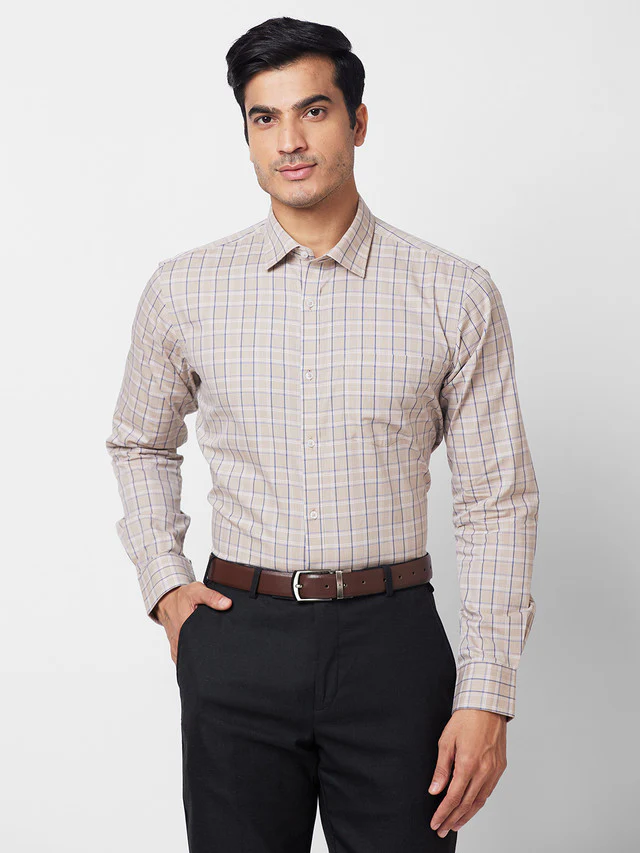 Park Avenue Men Brown Checkered Slim Fit Full Sleeve Semi Cut Away Collar Shirt