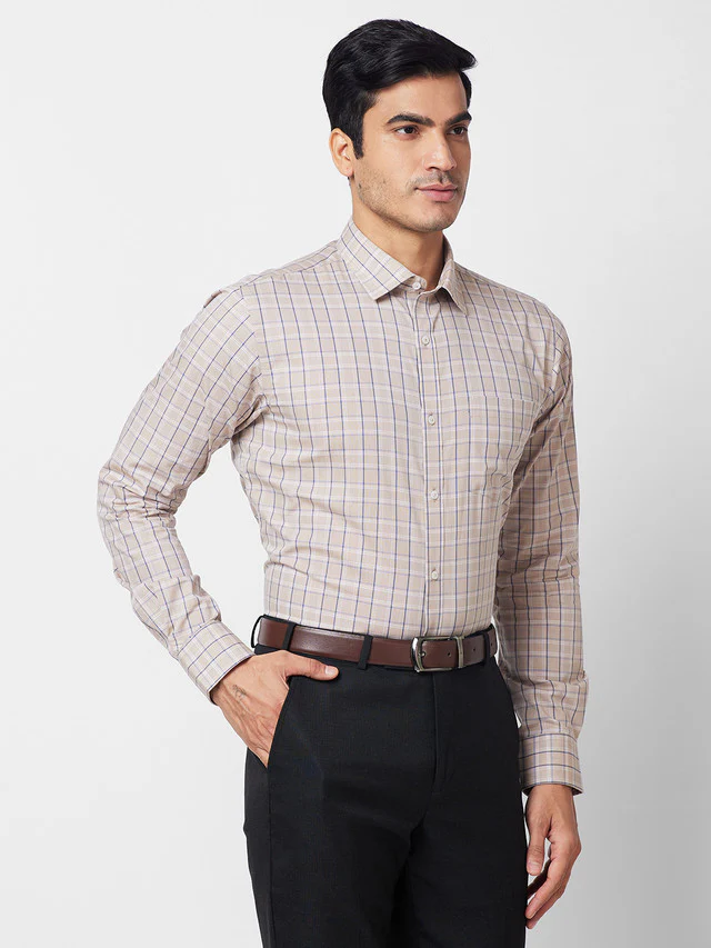 Park Avenue Men Brown Checkered Slim Fit Full Sleeve Semi Cut Away Collar Shirt - Image 2