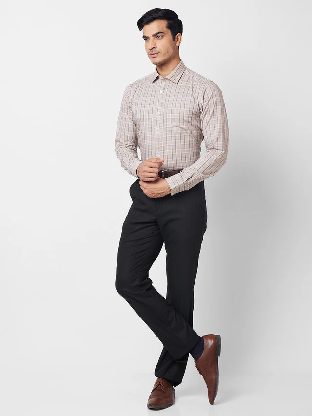 Park Avenue Men Brown Checkered Slim Fit Full Sleeve Semi Cut Away Collar Shirt - Image 5