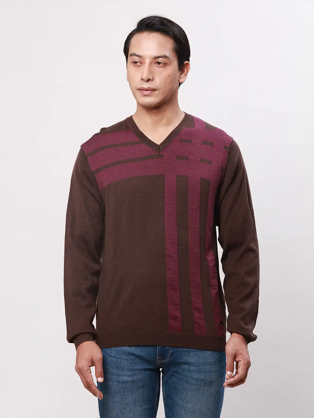 Park Avenue Men Brown Checks Regular Acrylic Blend Full Sleeve Pullover