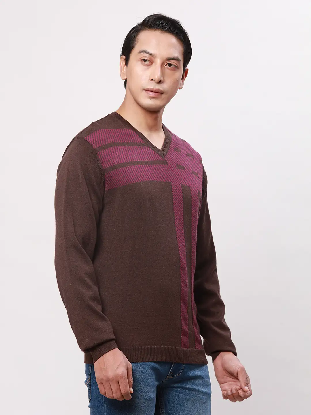 Park Avenue Men Brown Checks Regular Acrylic Blend Full Sleeve Pullover - Image 2