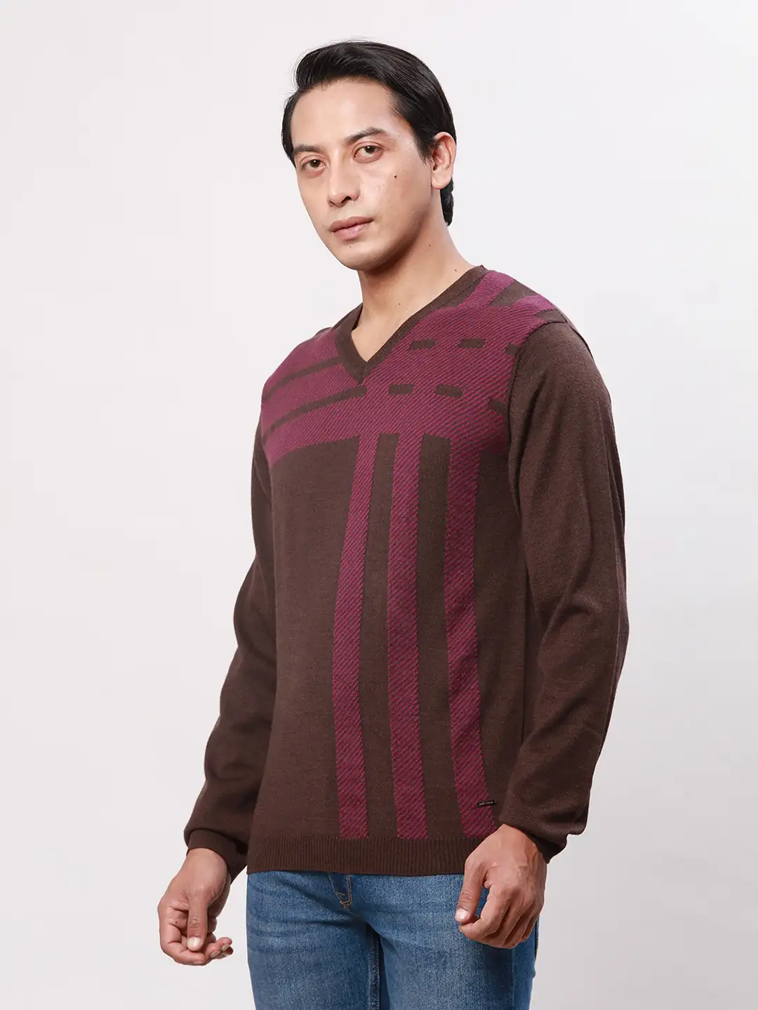 Park Avenue Men Brown Checks Regular Acrylic Blend Full Sleeve Pullover - Image 3