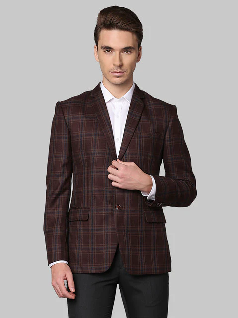 Park Avenue Men Brown Checks Regular Fit Polyester Blend Blazer
