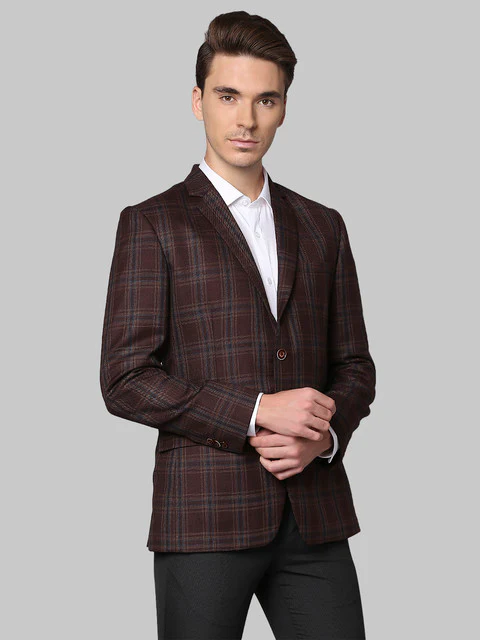 Park Avenue Men Brown Checks Regular Fit Polyester Blend Blazer - Image 2