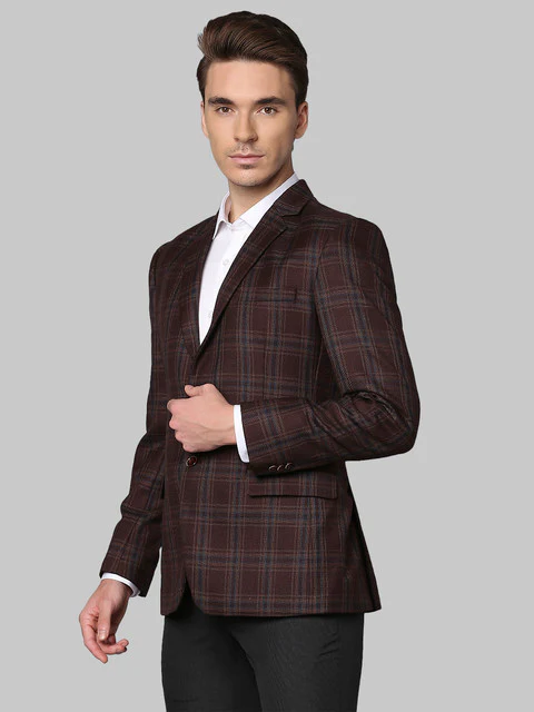 Park Avenue Men Brown Checks Regular Fit Polyester Blend Blazer - Image 3