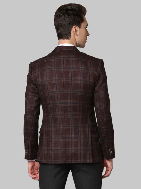 Park Avenue Men Brown Checks Regular Fit Polyester Blend Blazer - Image 4