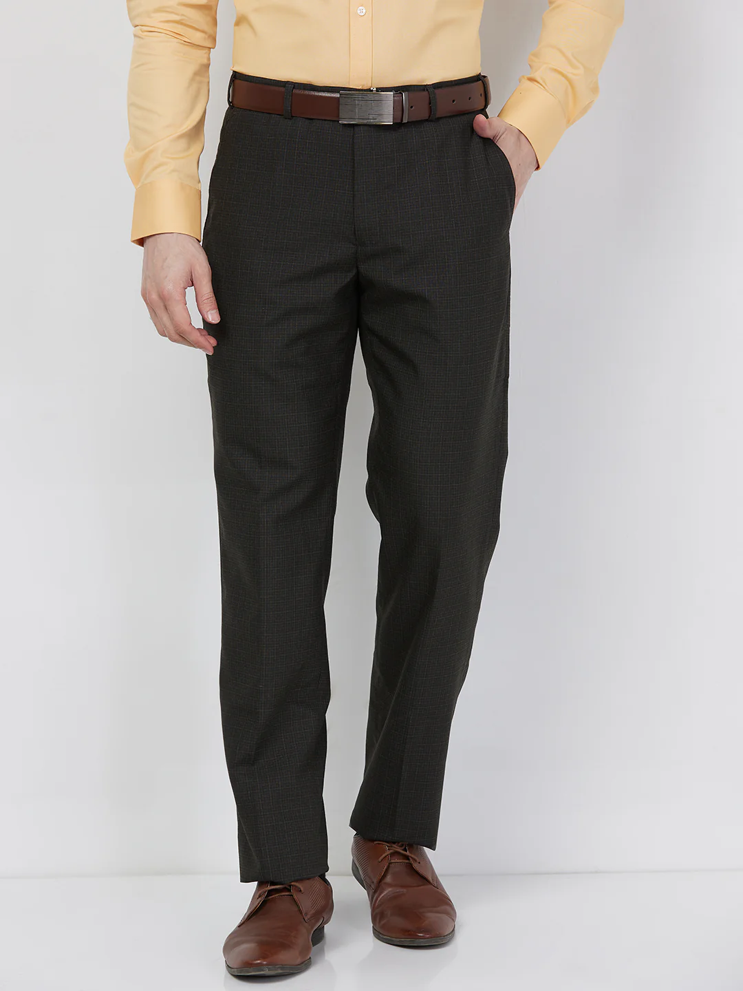 Park Avenue Men Brown Checks Regular Fit Polyester Blend Trouser