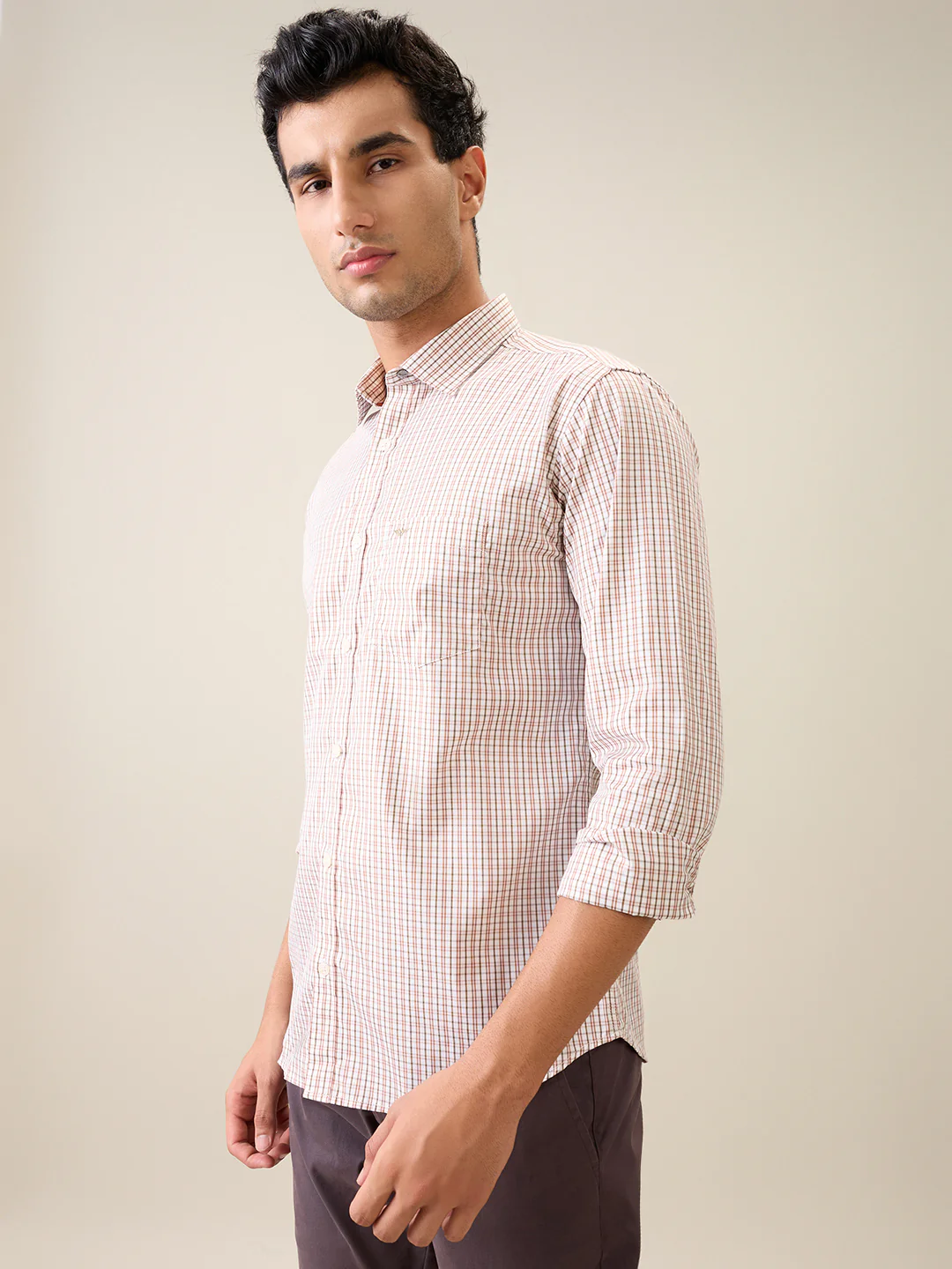 Park Avenue Men Brown Checks Slim Fit Cotton Casual Shirt - Image 2