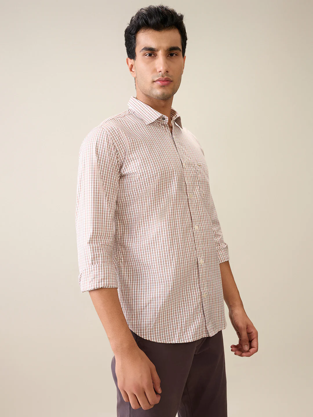 Park Avenue Men Brown Checks Slim Fit Cotton Casual Shirt - Image 3