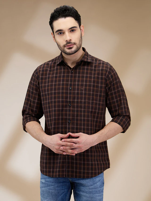 Park Avenue Men Brown Checks Slim Fit Cotton Casual Shirt