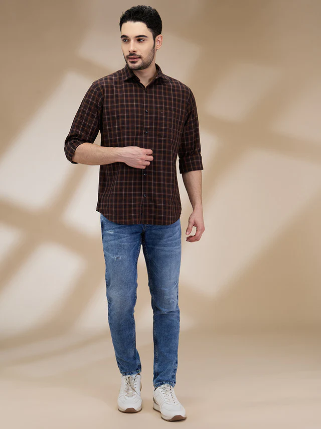 Park Avenue Men Brown Checks Slim Fit Cotton Casual Shirt - Image 2