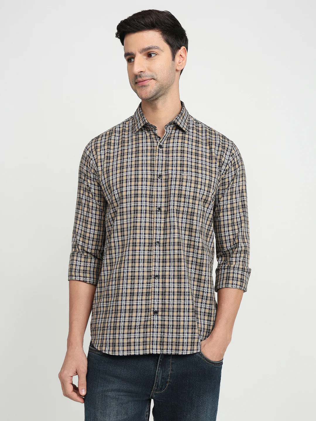 Park Avenue Men Brown Checks Slim Fit Cotton Full Sleeve Casual Shirt