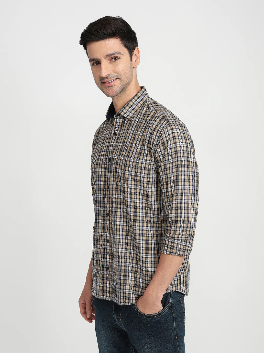 Park Avenue Men Brown Checks Slim Fit Cotton Full Sleeve Casual Shirt - Image 2