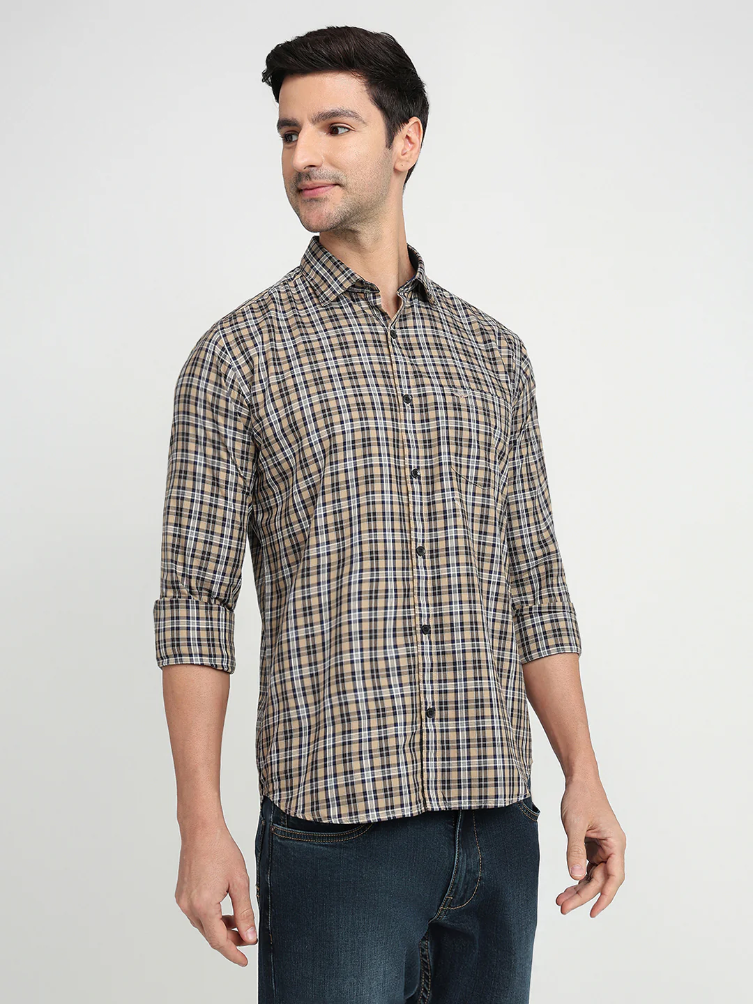 Park Avenue Men Brown Checks Slim Fit Cotton Full Sleeve Casual Shirt - Image 3