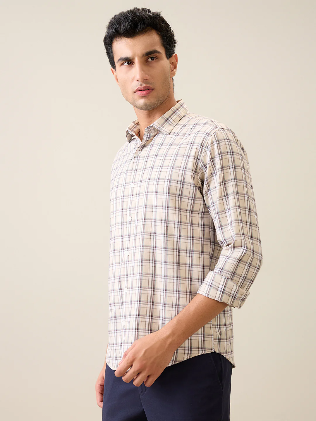 Park Avenue Men Brown Checks Slim Fit Polyester Blend Casual Shirt - Image 2