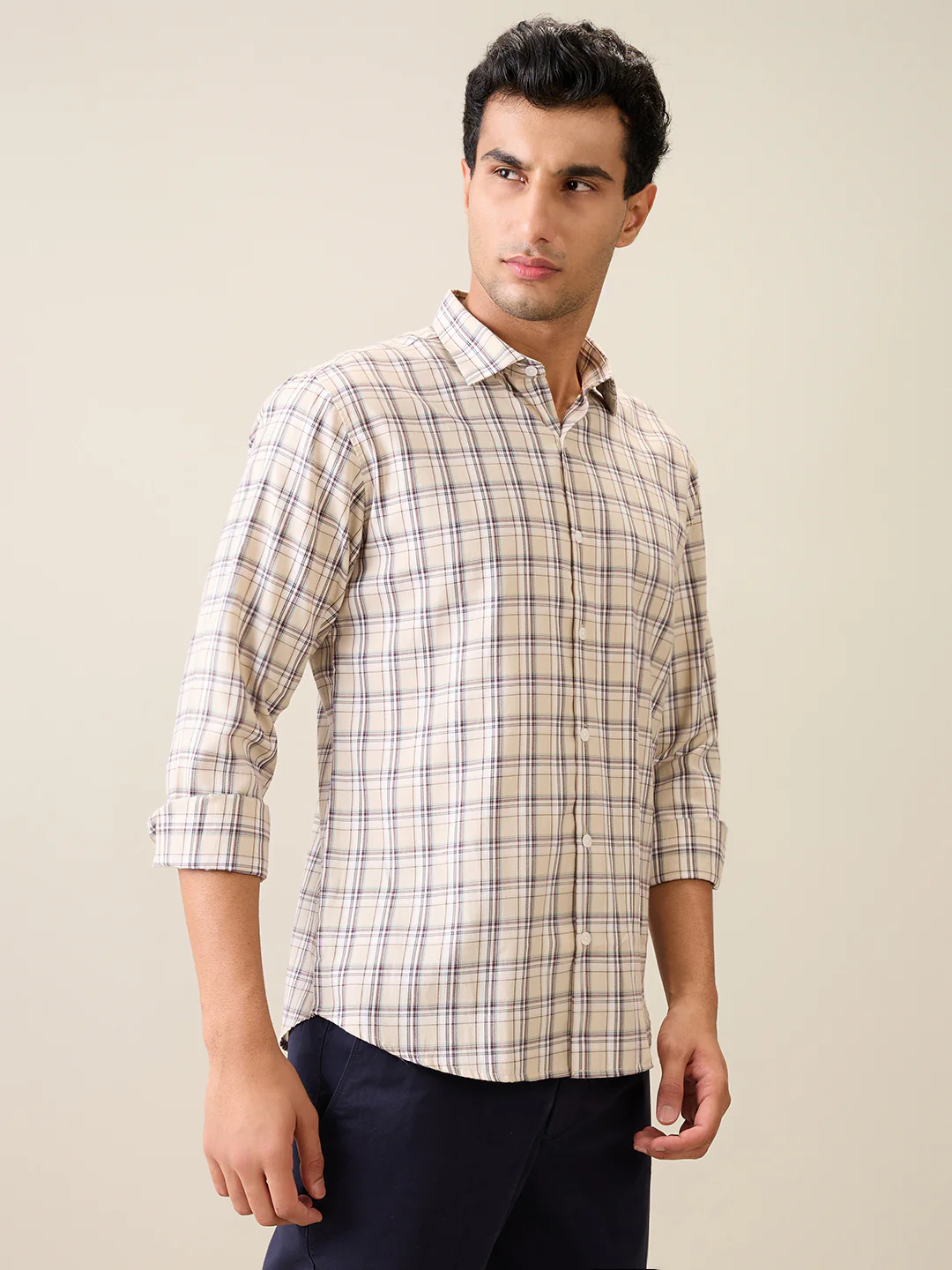 Park Avenue Men Brown Checks Slim Fit Polyester Blend Casual Shirt - Image 3