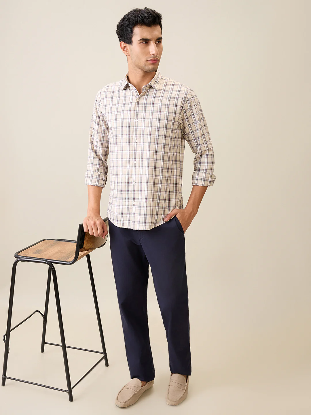 Park Avenue Men Brown Checks Slim Fit Polyester Blend Casual Shirt - Image 6