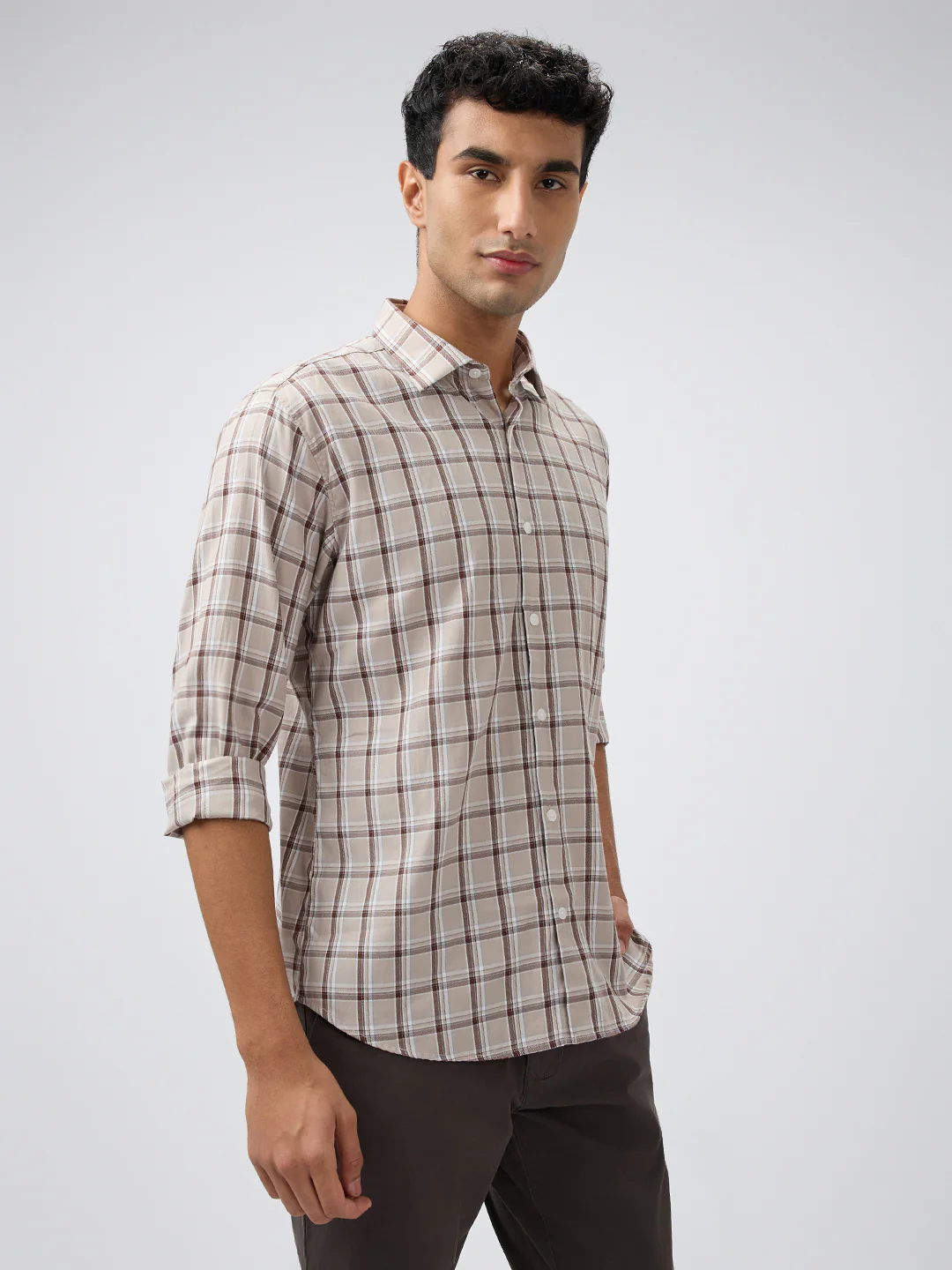 Park Avenue Men Brown Checks Slim Fit Polyester Blend Casual Shirt - Image 2
