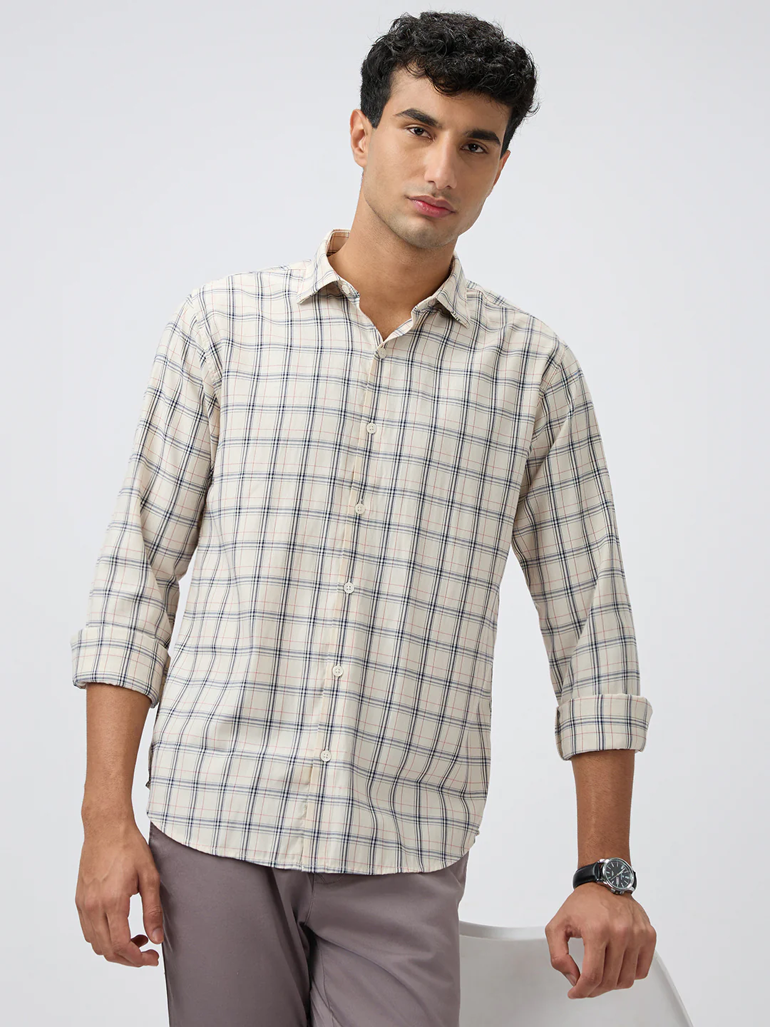 Park Avenue Men Brown Checks Slim Fit Polyester Blend Casual Shirt - Image 6