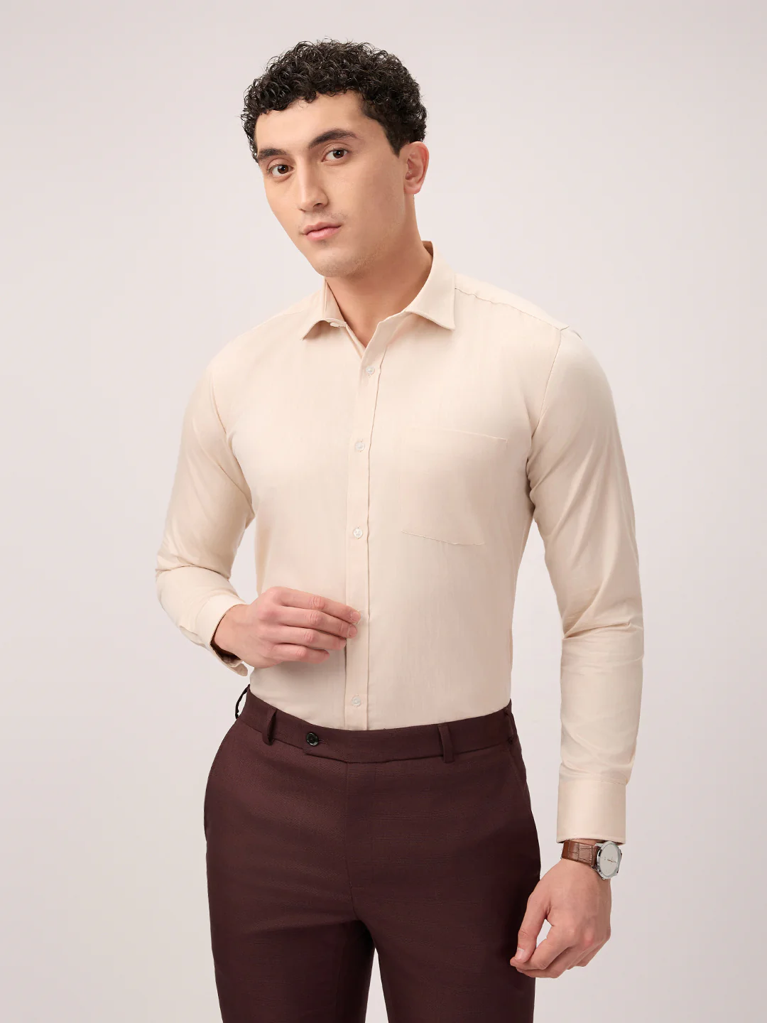 Park Avenue Men Brown Plain Slim Fit Cotton Blend Formal Shirt