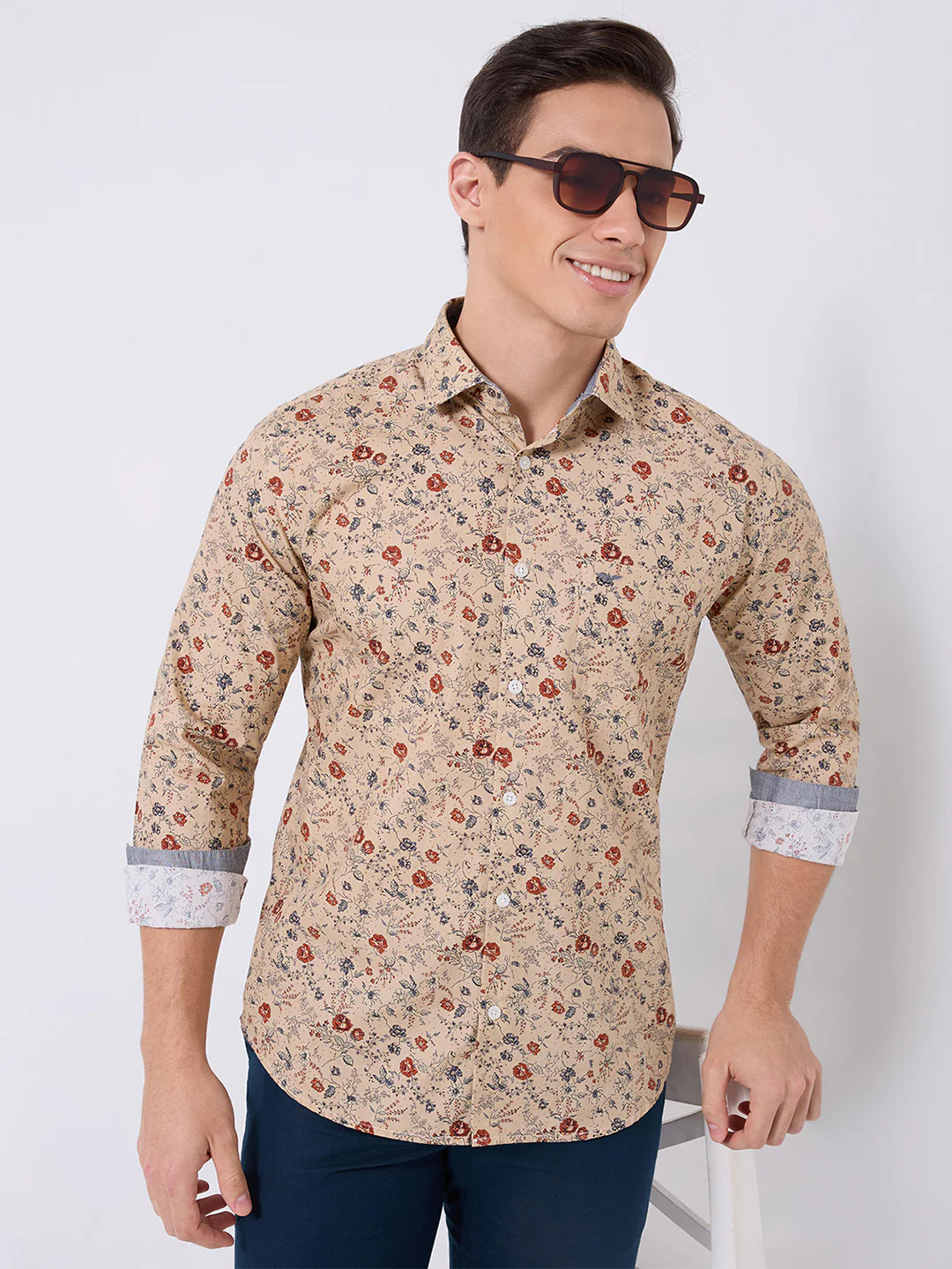 Park Avenue Men Brown Print Slim Fit Cotton Casual Shirt
