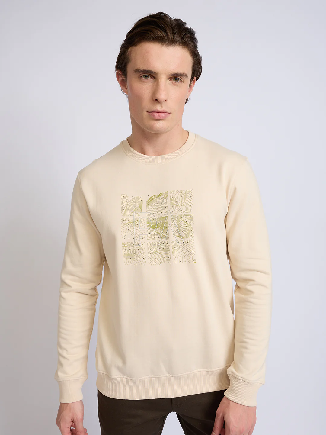 Park Avenue Men Brown Printed Slim Fit Cotton Blend Round Neck Collar Sweatshirt