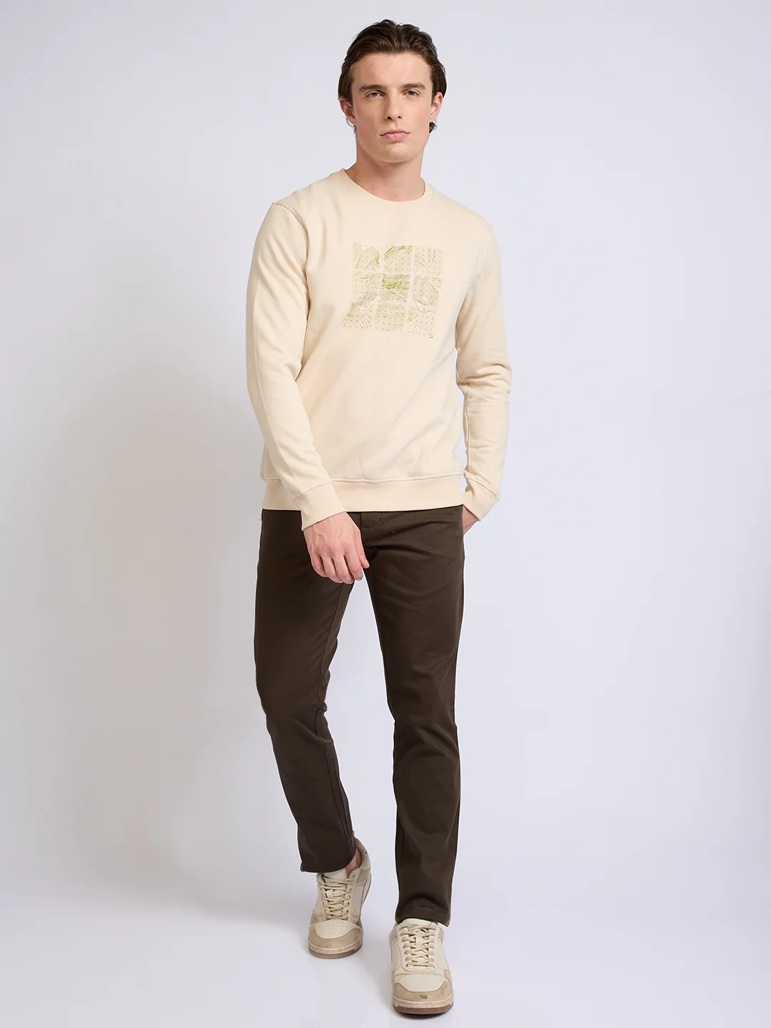 Park Avenue Men Brown Printed Slim Fit Cotton Blend Round Neck Collar Sweatshirt - Image 5