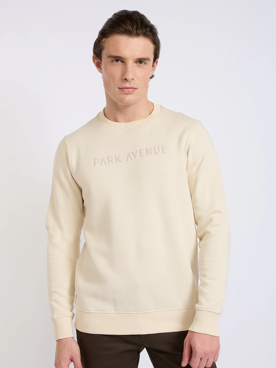 Park Avenue Men Brown Solid Slim Fit Cotton Blend Round Neck Collar Sweatshirt