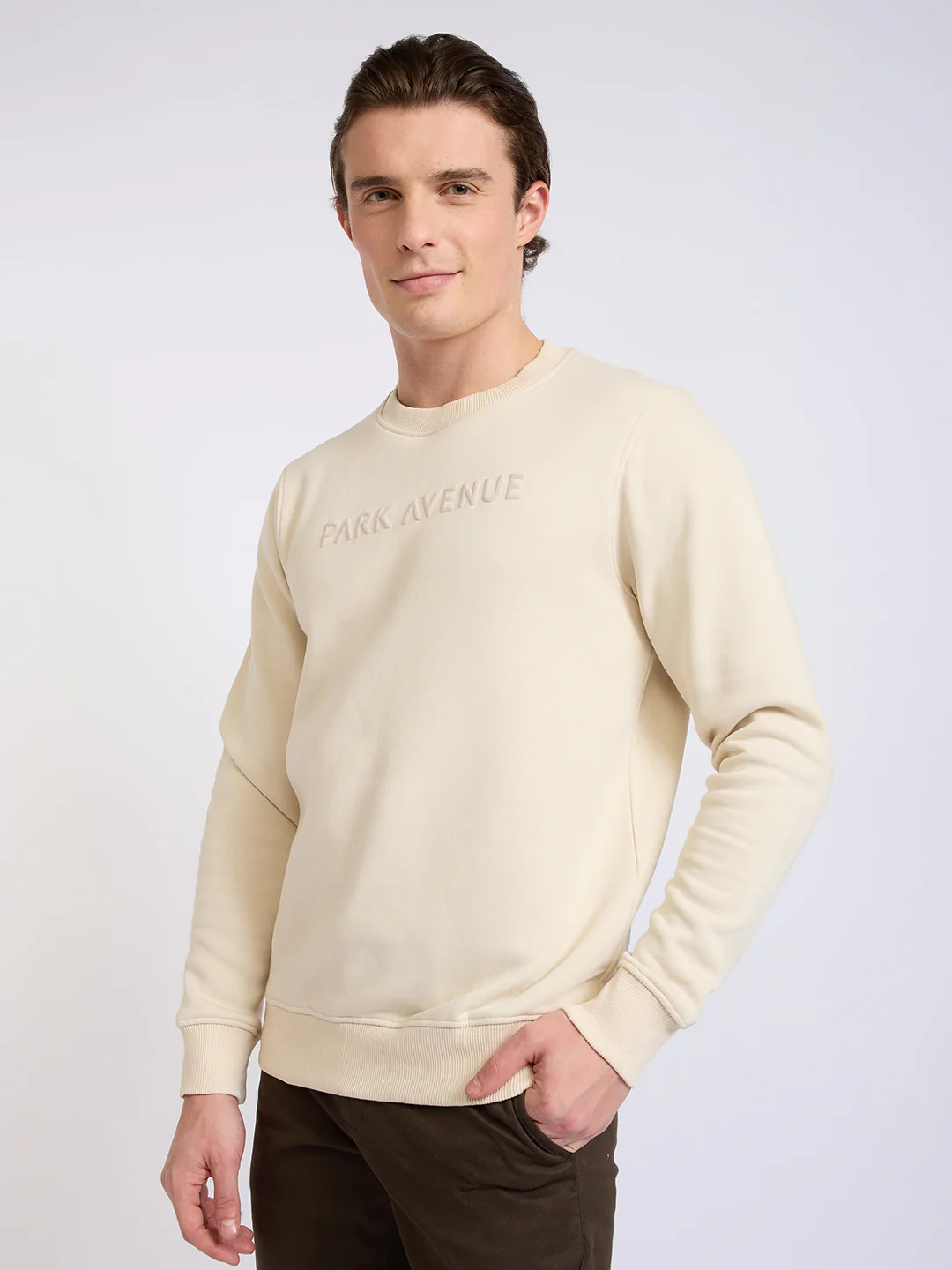 Park Avenue Men Brown Solid Slim Fit Cotton Blend Round Neck Collar Sweatshirt - Image 3