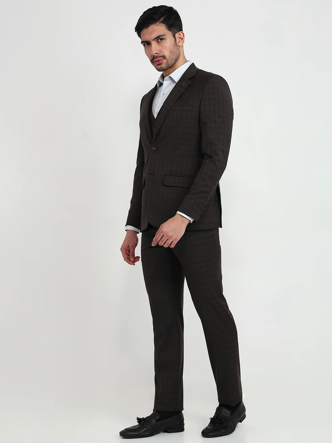 Park Avenue Men Brown Solid Slim Fit Polyester Blend Suit - Image 2