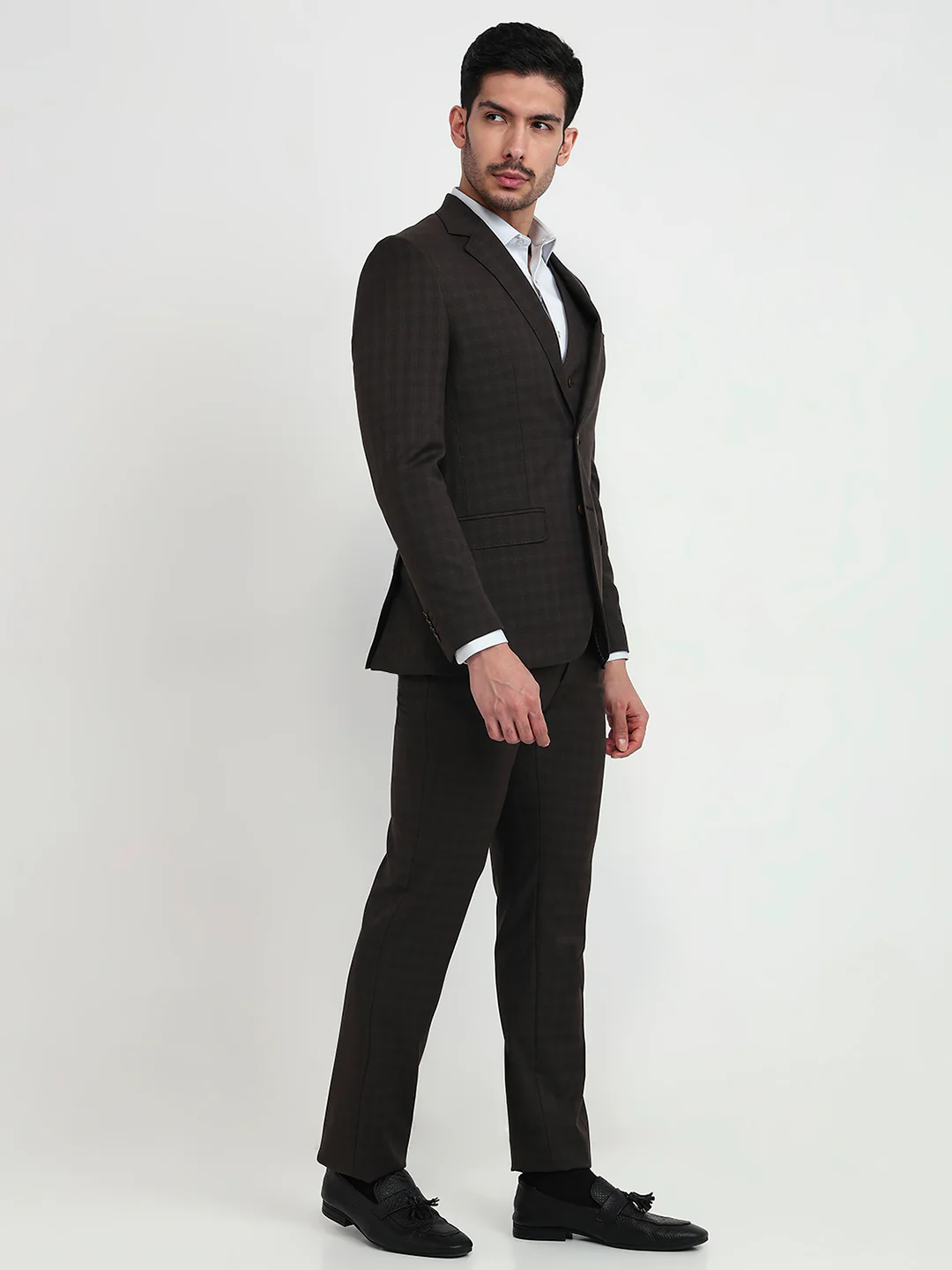 Park Avenue Men Brown Solid Slim Fit Polyester Blend Suit - Image 3
