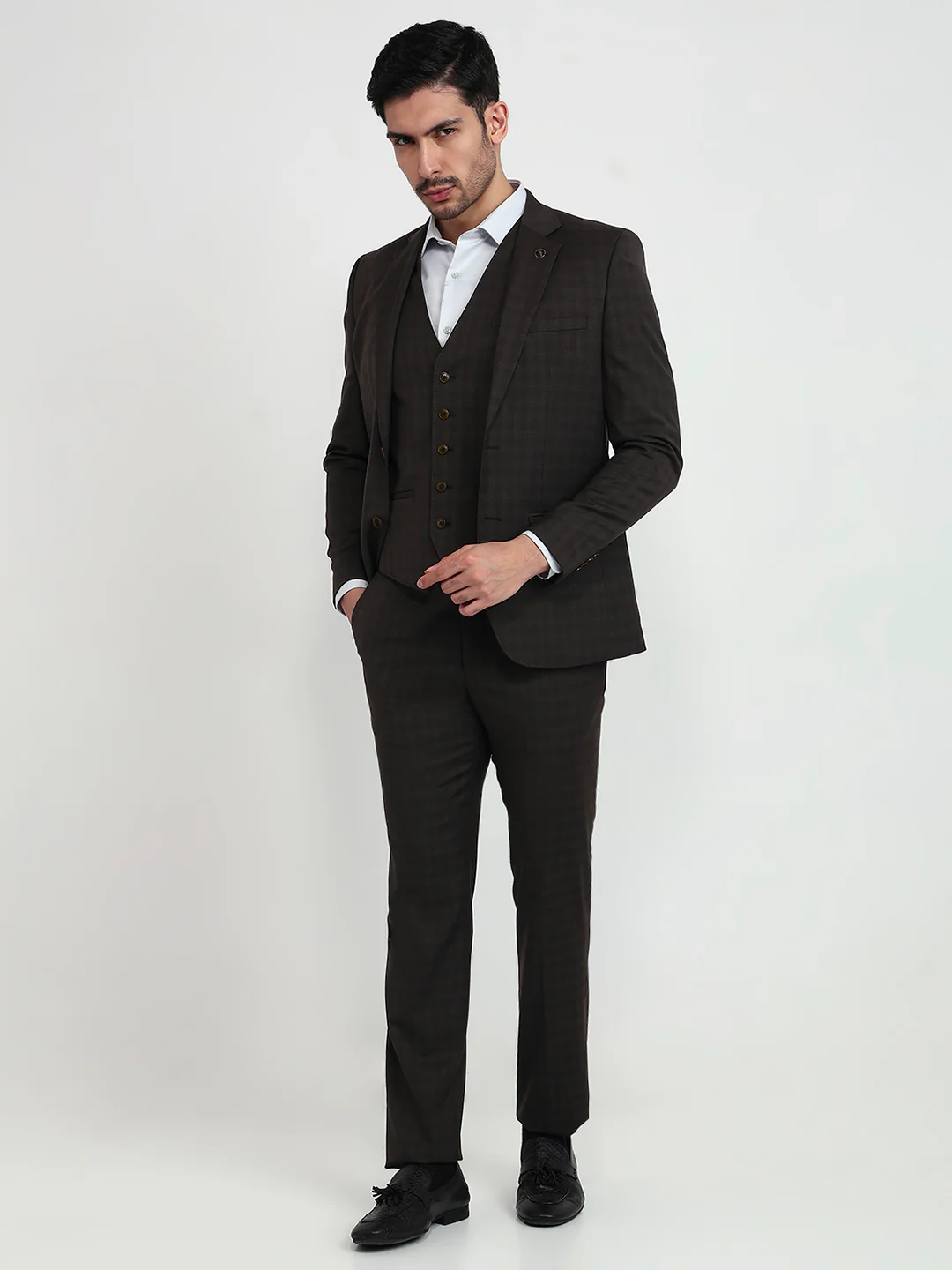Park Avenue Men Brown Solid Slim Fit Polyester Blend Suit - Image 5