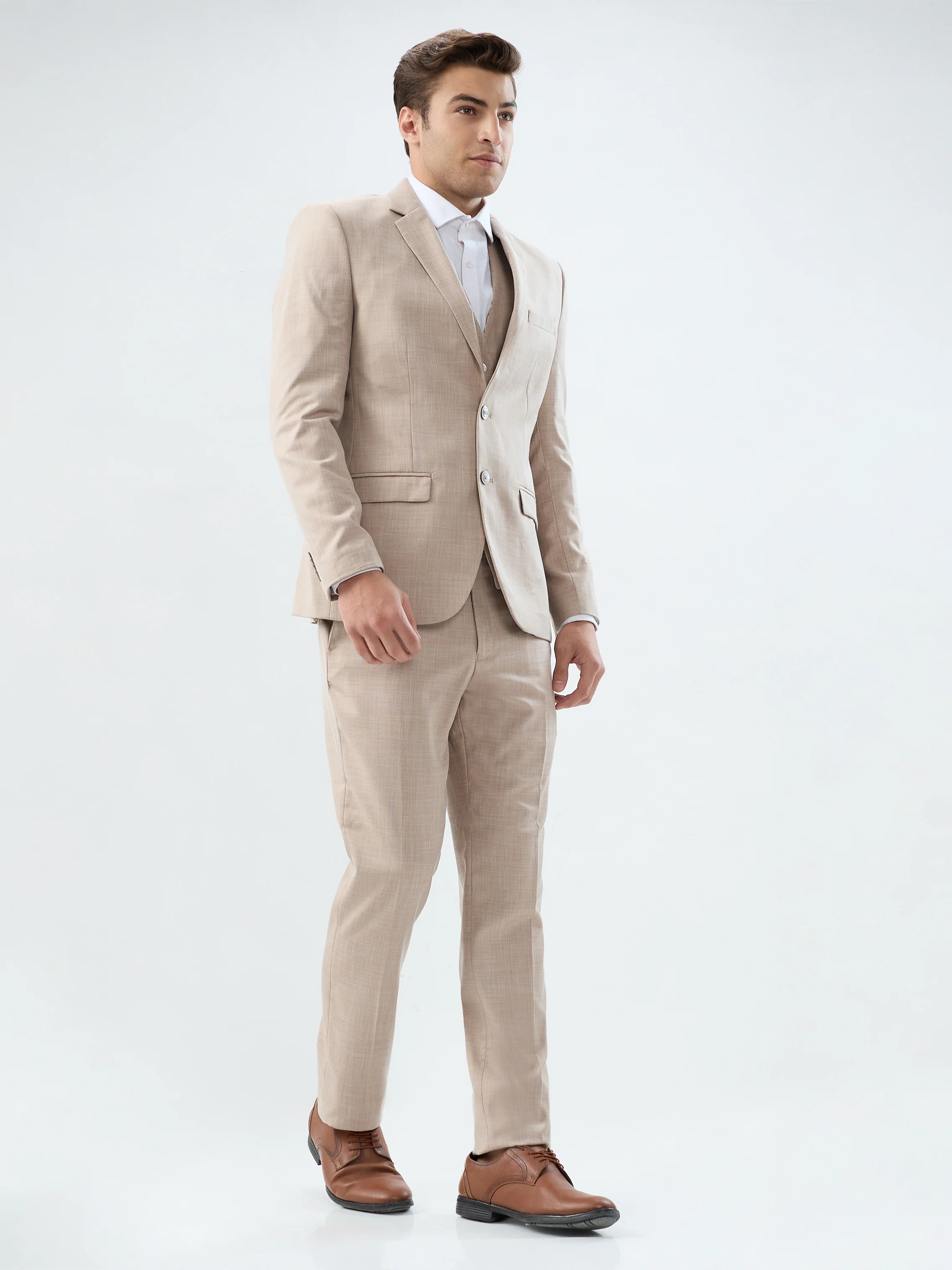 Park Avenue Men Brown Solid Slim Fit Terry Blend Suit - Image 2