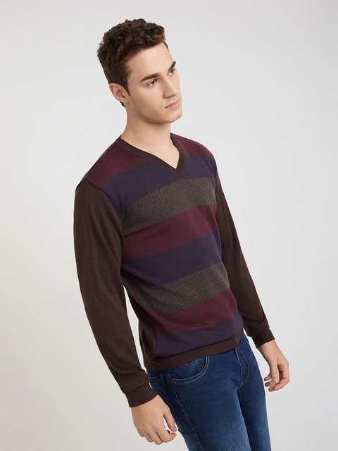 Park Avenue Men Brown Stripe Regular Acrylic Blend Full Sleeve Sweater - Image 2