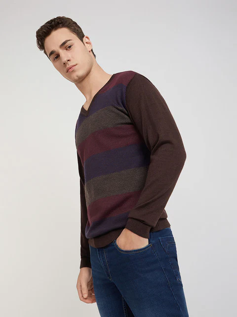Park Avenue Men Brown Stripe Regular Acrylic Blend Full Sleeve Sweater - Image 3