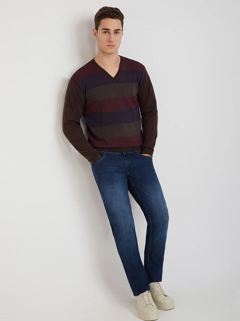 Park Avenue Men Brown Stripe Regular Acrylic Blend Full Sleeve Sweater - Image 5