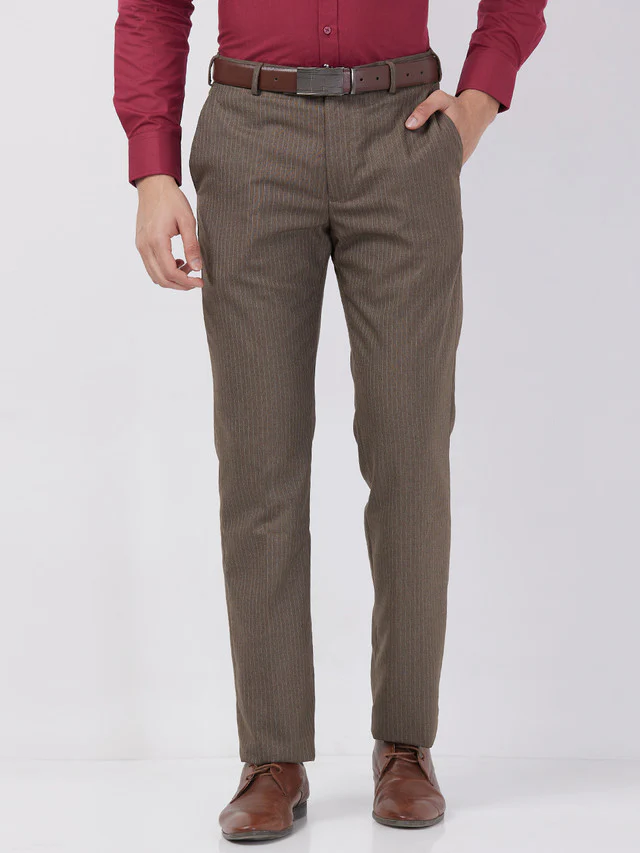 Park Avenue Men Brown Stripe Regular Fit Polyester Blend Trouser