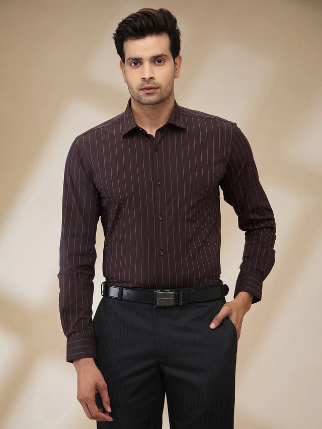 Park Avenue Men Brown Stripe Slim Fit Cotton Blend Formal Shirt
