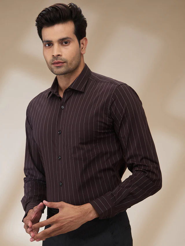 Park Avenue Men Brown Stripe Slim Fit Cotton Blend Formal Shirt - Image 3