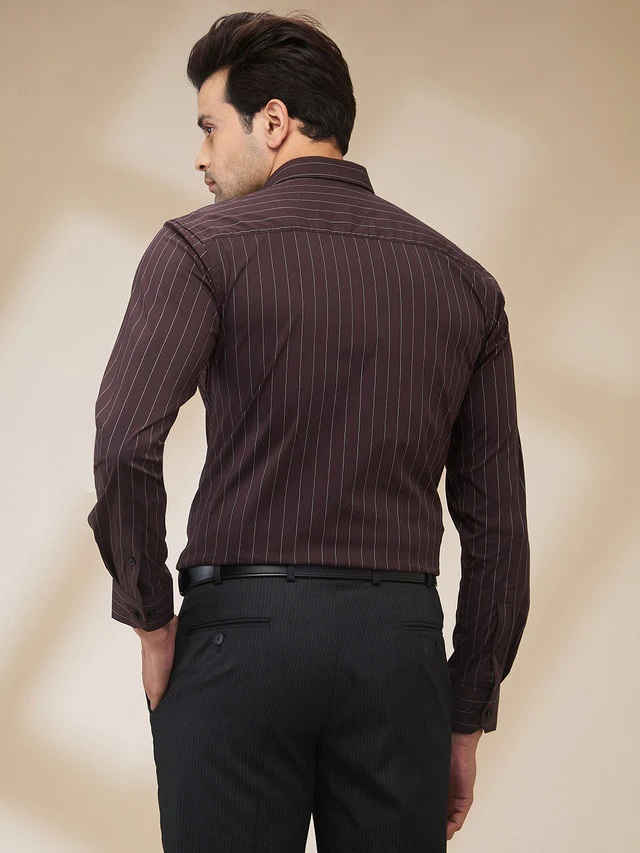 Park Avenue Men Brown Stripe Slim Fit Cotton Blend Formal Shirt - Image 4