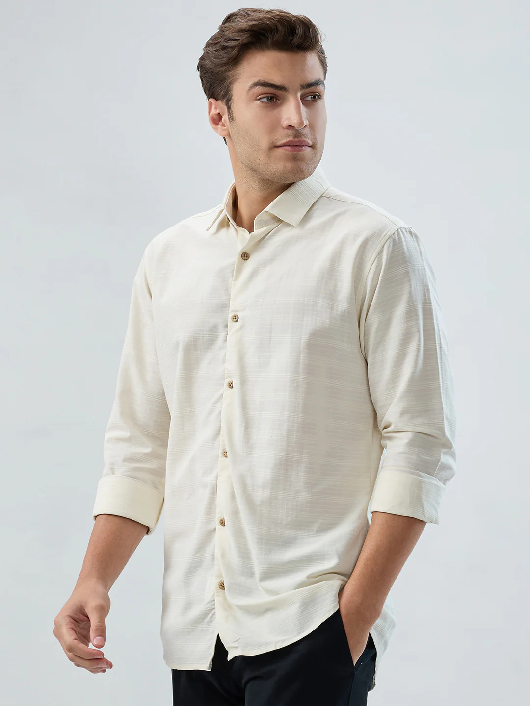 Park Avenue Men Brown Stripe Slim Fit Cotton Blend Shirt - Image 3