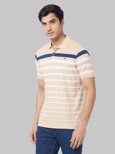 Park Avenue Men Brown Slim Fit Stripe Polo Neck Collar T-Shirt - Image 3